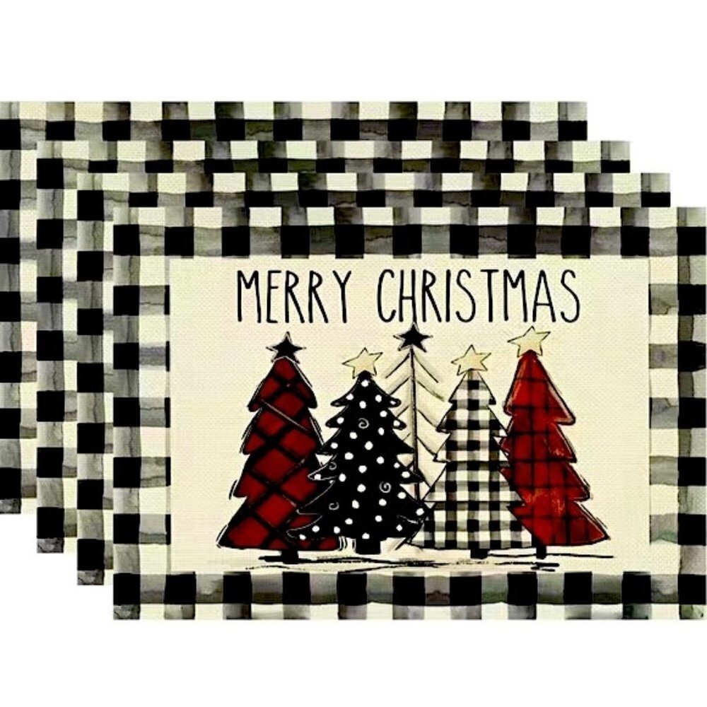 Christmas Placemats Primitive Farmhouse Buffalo Plaid Check Neutral  17.5 X 12